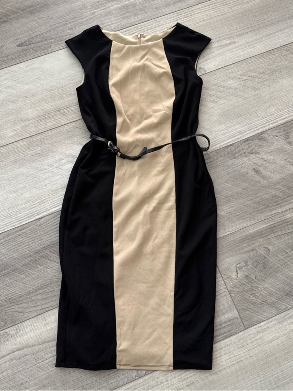 New York & Company Black and Cream Colorblock Midi Sheath Dress